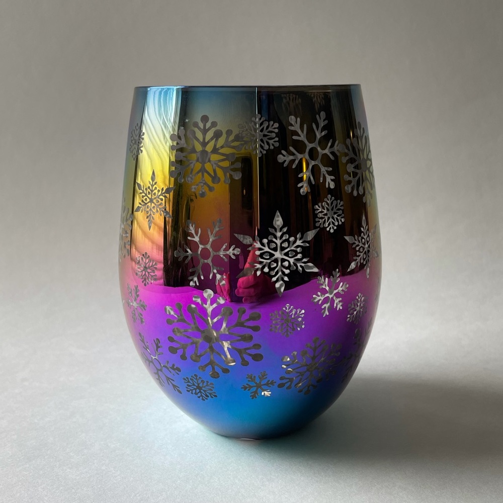 Glass Iridescent Rainbow Snowflake Stemless Wine Glass